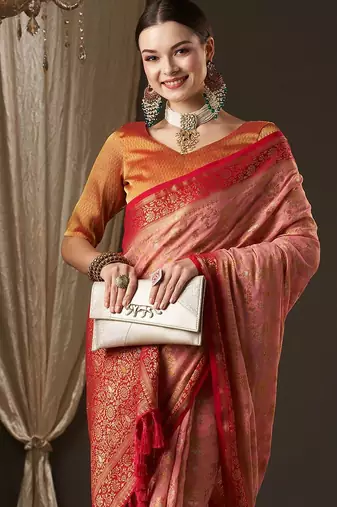 Pink pink & red woven design zari  georgette kanjeevaram saree