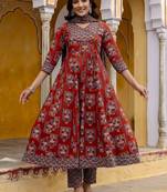 women ethnic motifs printed angrakha  cotton kurta with trousers & with dupatta