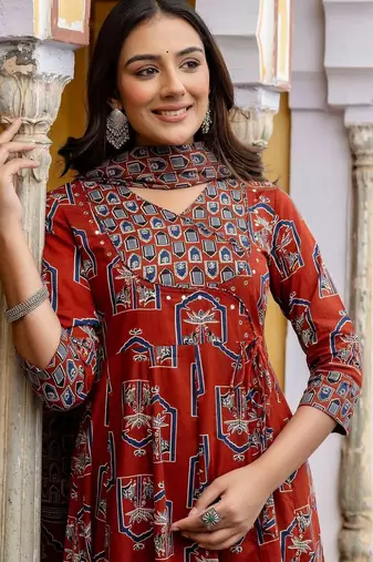 women ethnic motifs printed angrakha  cotton kurta with trousers & with dupatta