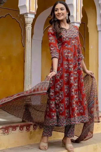 women ethnic motifs printed angrakha  cotton kurta with trousers & with dupatta