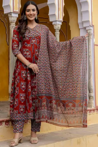 women ethnic motifs printed angrakha  cotton kurta with trousers & with dupatta
