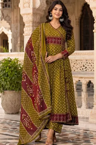 women ethnic motifs printed angrakha  cotton kurta with trousers & with dupatta