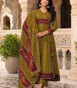 women ethnic motifs printed angrakha  cotton kurta with trousers & with dupatta