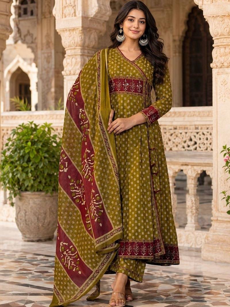 women ethnic motifs printed angrakha  cotton kurta with trousers & with dupatta