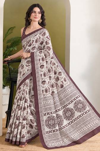 Wine batik printed silk blend ready to wear saree
