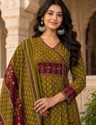 women ethnic motifs printed angrakha  cotton kurta with trousers & with dupatta 3