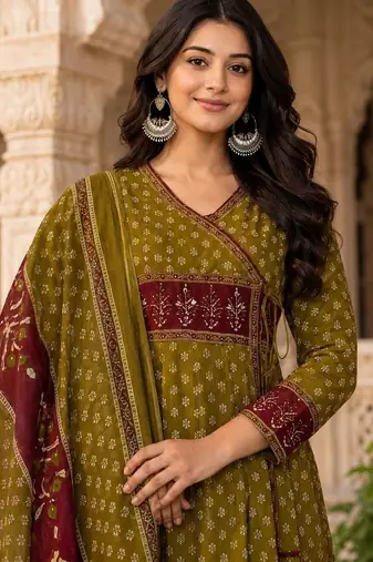 women ethnic motifs printed angrakha  cotton kurta with trousers & with dupatta