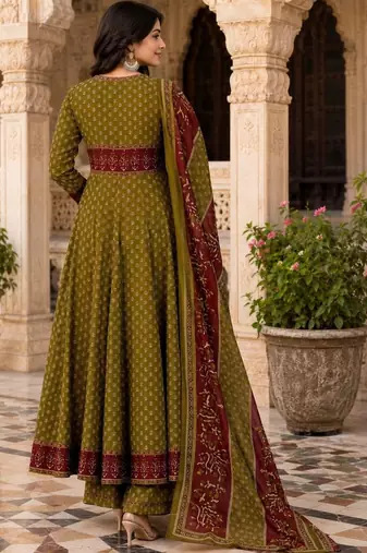 women ethnic motifs printed angrakha  cotton kurta with trousers & with dupatta