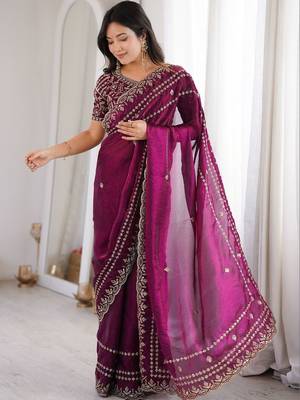 Purple magenta ethnic motifs embroidered satin heavy work saree unstiched blouse 1