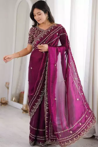 Purple magenta ethnic motifs embroidered satin heavy work saree unstiched blouse