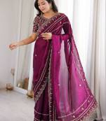 Purple magenta ethnic motifs embroidered satin heavy work saree unstiched blouse