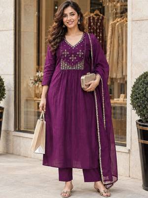 women ethnic empire thread work chanderi cotton kurta with trousers & with 1