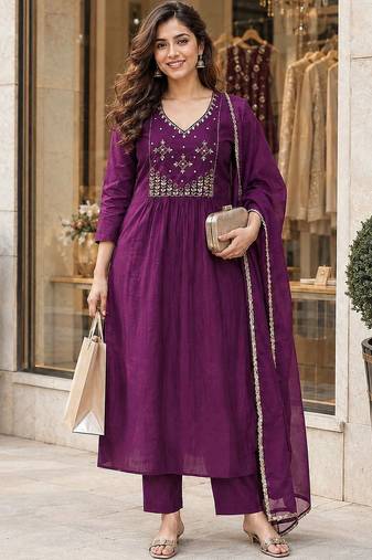 women ethnic empire thread work chanderi cotton kurta with trousers & with
