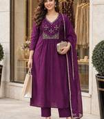 women ethnic empire thread work chanderi cotton kurta with trousers & with