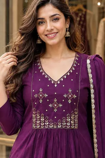 women ethnic empire thread work chanderi cotton kurta with trousers & with
