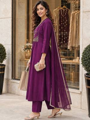 women ethnic empire thread work chanderi cotton kurta with trousers & with 4