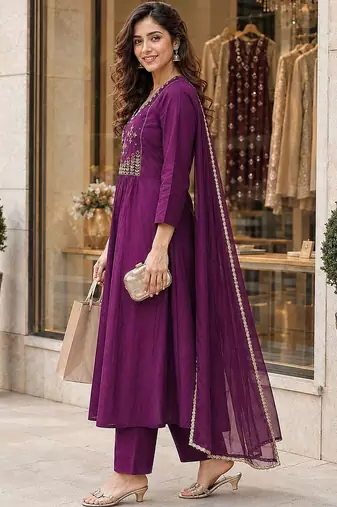 women ethnic empire thread work chanderi cotton kurta with trousers & with