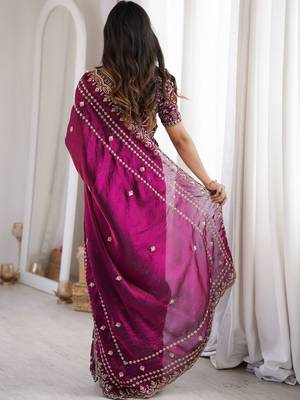 Purple magenta ethnic motifs embroidered satin heavy work saree unstiched blouse 2