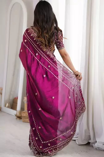 Purple magenta ethnic motifs embroidered satin heavy work saree unstiched blouse