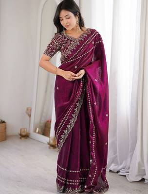 Purple magenta ethnic motifs embroidered satin heavy work saree unstiched blouse 3