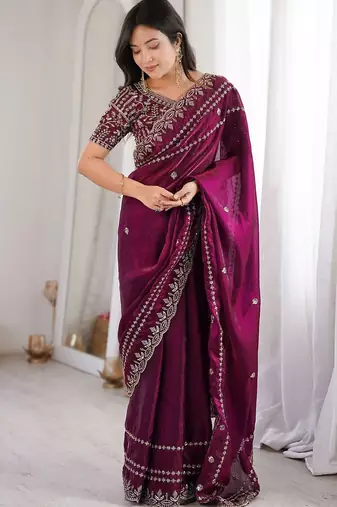 Purple magenta ethnic motifs embroidered satin heavy work saree unstiched blouse