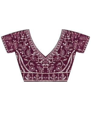 Purple magenta ethnic motifs embroidered satin heavy work saree unstiched blouse 4