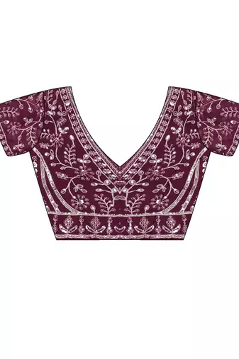 Purple magenta ethnic motifs embroidered satin heavy work saree unstiched blouse