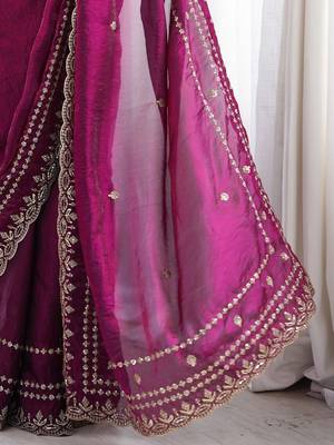Purple magenta ethnic motifs embroidered satin heavy work saree unstiched blouse 5