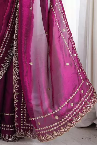 Purple magenta ethnic motifs embroidered satin heavy work saree unstiched blouse