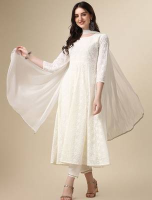 floral embroidered panelled georgette anarkali kurta with trousers & dupatta 1