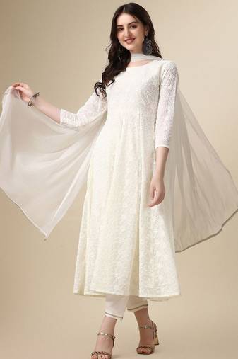 floral embroidered panelled georgette anarkali kurta with trousers & dupatta