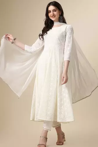 floral embroidered panelled georgette anarkali kurta with trousers & dupatta