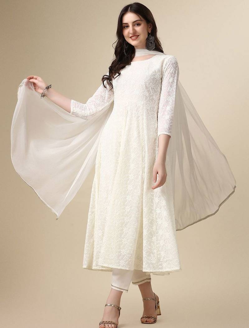 floral embroidered panelled georgette anarkali kurta with trousers & dupatta