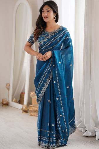 Teal teal embellished embroidered satin heavy work saree unstiched blouse