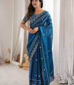 Teal teal embellished embroidered satin heavy work saree unstiched blouse