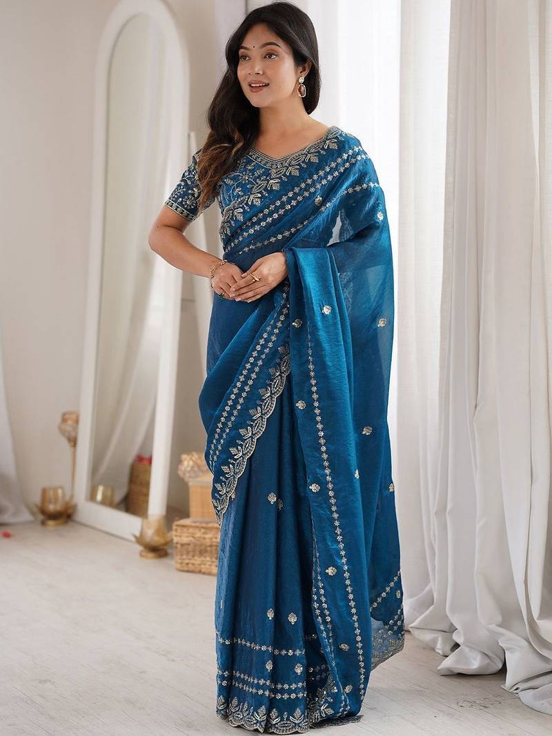Teal teal embellished embroidered satin heavy work saree unstiched blouse
