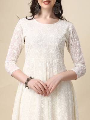 floral embroidered panelled georgette anarkali kurta with trousers & dupatta 2