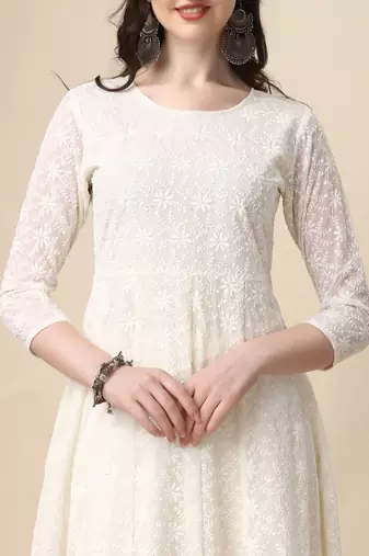 floral embroidered panelled georgette anarkali kurta with trousers & dupatta