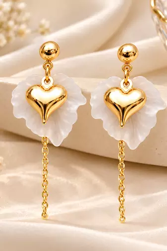 Anti-tarnish, stud back closure, dangling chain, puffy heart charm