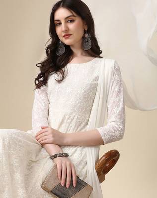 floral embroidered panelled georgette anarkali kurta with trousers & dupatta 3