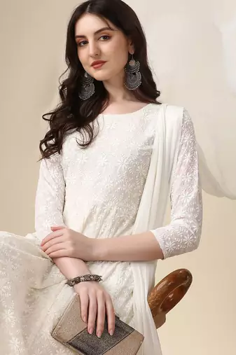 floral embroidered panelled georgette anarkali kurta with trousers & dupatta
