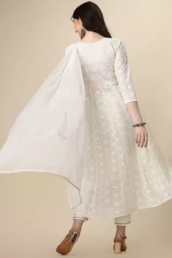 floral embroidered panelled georgette anarkali kurta with trousers & dupatta