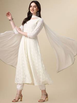 floral embroidered panelled georgette anarkali kurta with trousers & dupatta 5