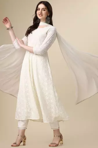 floral embroidered panelled georgette anarkali kurta with trousers & dupatta