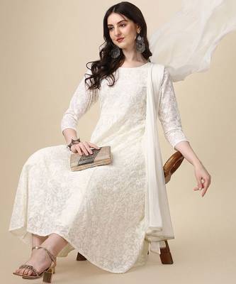 floral embroidered panelled georgette anarkali kurta with trousers & dupatta 6