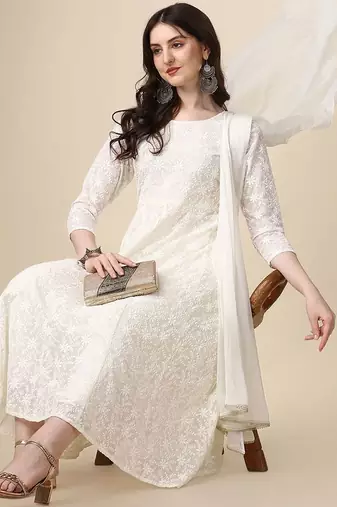 floral embroidered panelled georgette anarkali kurta with trousers & dupatta