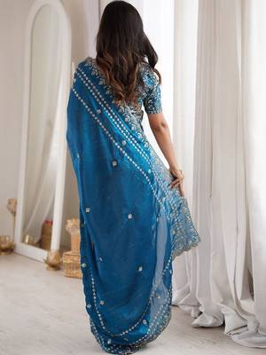 Teal teal embellished embroidered satin heavy work saree unstiched blouse 2