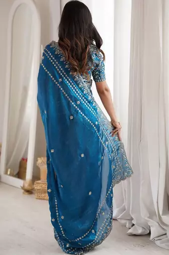 Teal teal embellished embroidered satin heavy work saree unstiched blouse
