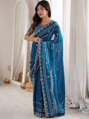 Teal teal embellished embroidered satin heavy work saree unstiched blouse 3
