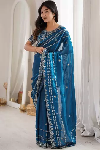 Teal teal embellished embroidered satin heavy work saree unstiched blouse